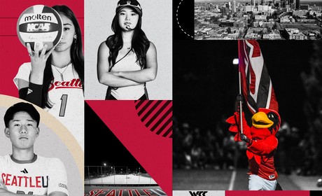 A collage of sports, fans, Rudy, and Seattle photographs with black, grey and red shapess.
