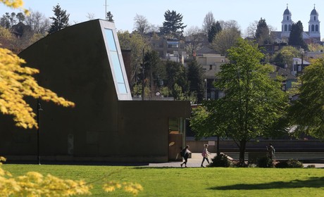 Springtime on campus looking at the chapel