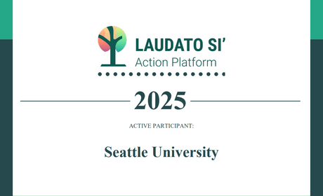 Laudato Si 2025 Certificate of Seattle University as an Active member. White background with green text.
