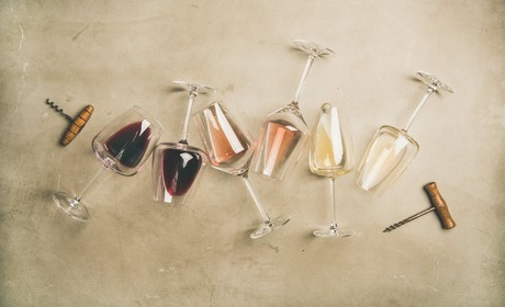 Overhead view of wine glasses on a table