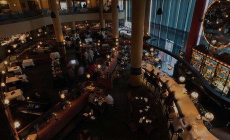 Overhead view of a crowded fine dining restaurant