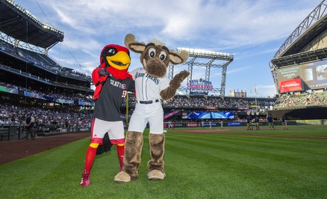 Two mascots standing on a baseball field.