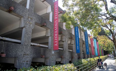 Broadway Garage on campus adorned with Seattle University banners