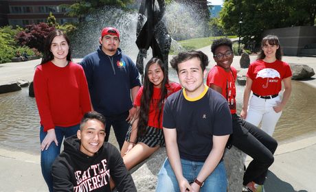 Seattle University Costco Scholars pose in front of the SU fountain