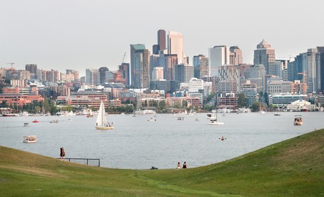 A view of the seattle skyline from a grassy hill.