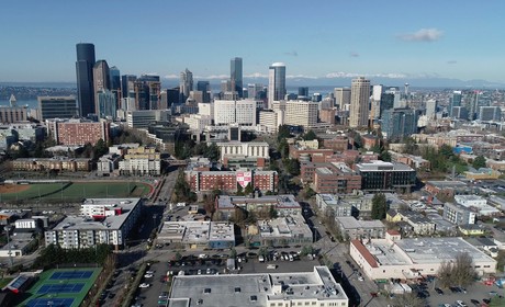 An aerial view of the seattle skyline.