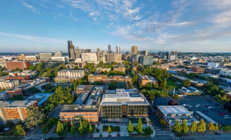 campus aerial view lit with morning sun