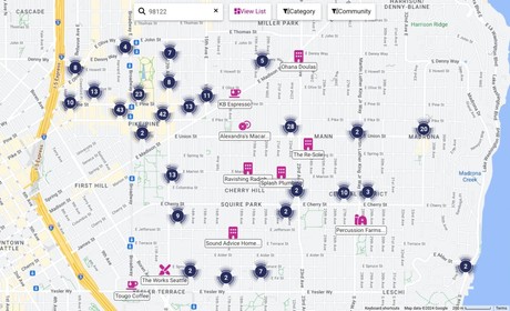A Google map of Seattles 98122 area code with points corresponding to various local, diverse businesses.
