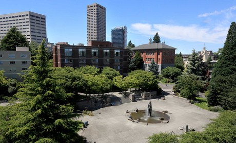Seattle University quad and fountain looking north