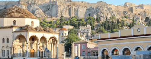 Greek town square with the Acropolis in the background on a hill
