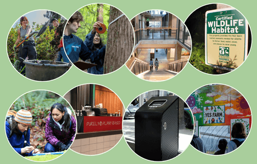 Eight images of people in the outdoors, signs, and various Seattle University locations with a light green background