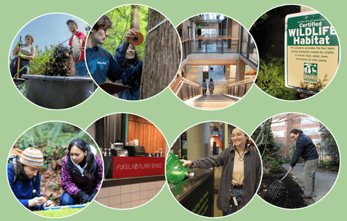Eight images of people in the outdoors, signs, and various Seattle University locations with a light green background
