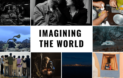 a collage of 9 photographs of nature with the text imagining the world in the center