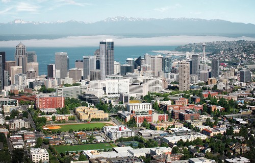 Aerial view of Seattle University skyline with downtown Seattle in the background