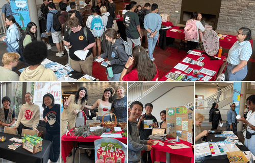 Collage of images of people from student organizations smiling at a tabling event