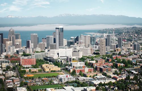 Aerial view of Seattle University campus and downtown Seattle