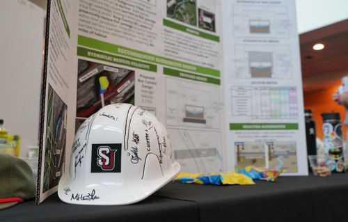 White hard hat with SU letters on front and a research poster as background