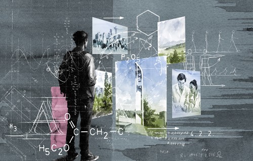 An Illustration of someone looking at different parts of Seattle through windows with graphic symbols around