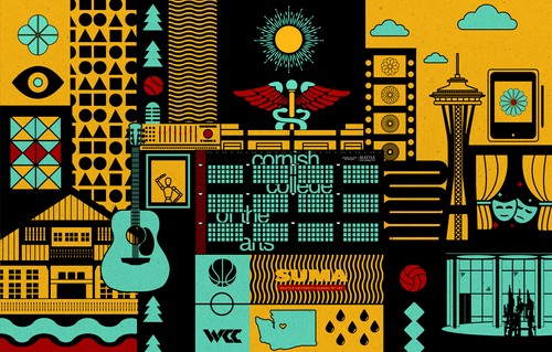 A graphic illustration of Cornish, Nursing, Art, and Athletics