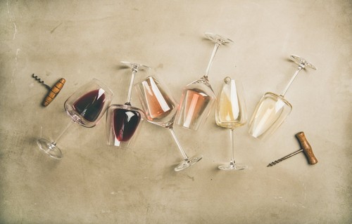 Overhead view of wine glasses on a table