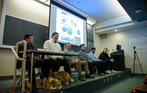 A panel featuring recent SU graduates who all work at PACCAR—along with guests, corgis Arthur and Momo—offer current students tips on landing a job post-graduation.