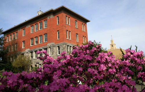 A red brick building is in the background.