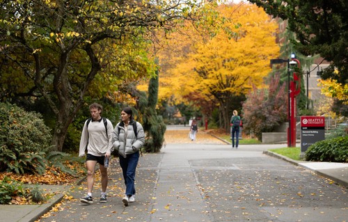 Students walking in fall on campus
