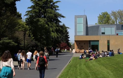 Students walking on lower mall.