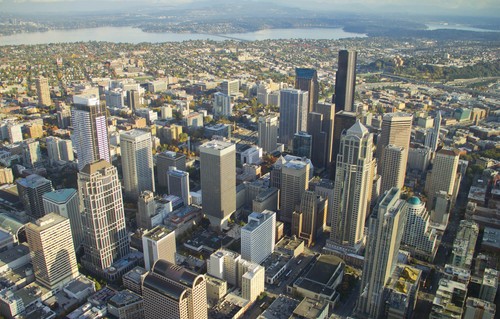 An aerial view of Seattle's buildings downtown