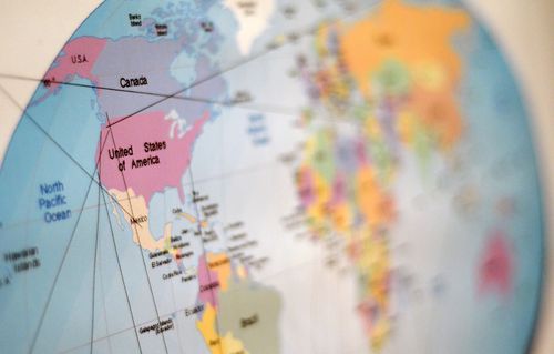 A close-up of a globe focusing on the united states with shallow depth of field.