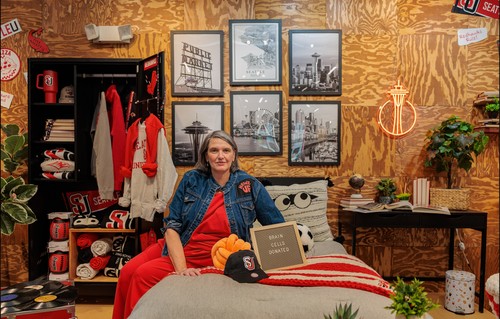 Michelle Conklin sits in the new Campus Store