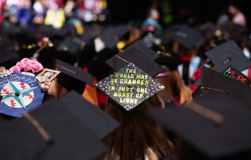 A group of graduates wearing graduation hats at a graduation ceremony.
