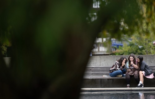 Students sitting together on a bench
