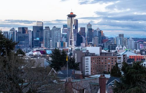 The Space Needle seen at sunset from Kerry Park in the Queen Anne neighborhood of Seattle.