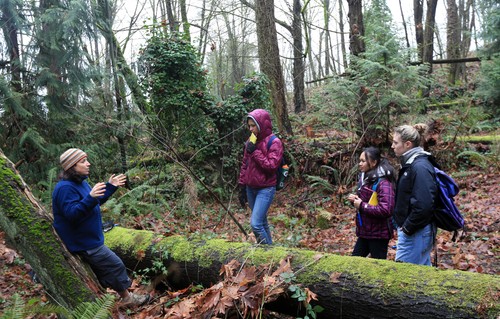 A group of people in the woods.