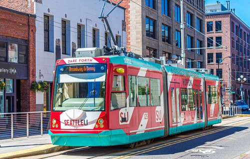 A streetcar going down Broadway in Seattle