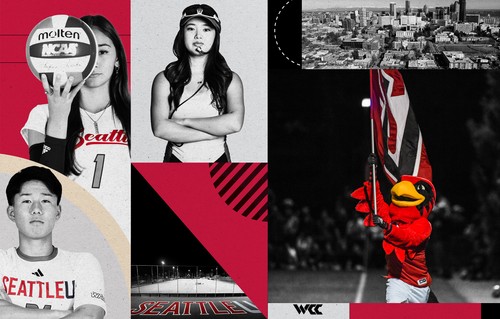 A collage of sports, fans, Rudy, and Seattle photographs with black, grey and red shapess.