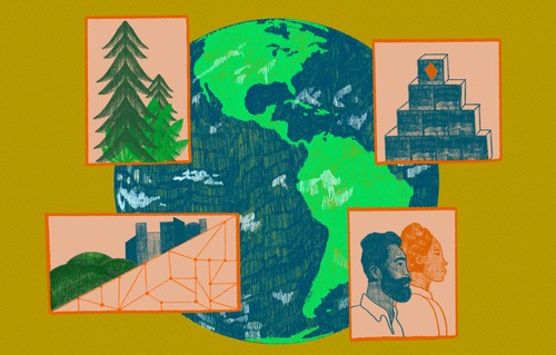 An Illustration that shows sustainability and climate change, racial injustice and widening economic inequity and rapid technological change and its societal and economic impacts.