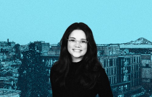 A stylized photo of Elyse Vincent with SU campus in the background.