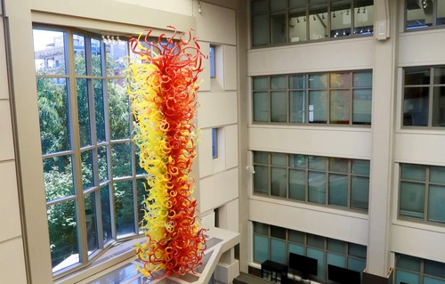 The Chihuly sculpture at the east entrance of Pigott Building
