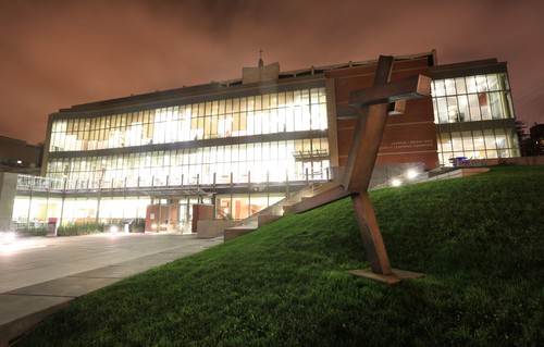 Lemeiux Library at night