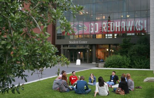 Students sitting under a tree