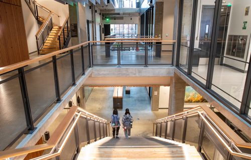 Students walking down a brightly lit stairway in the Sinegal Center
