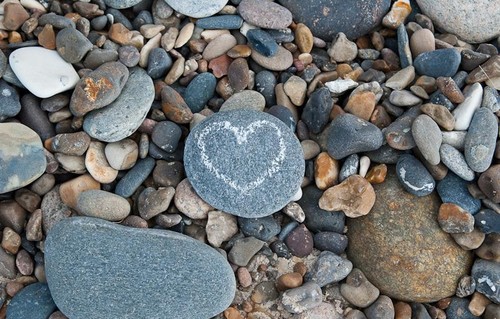 A stone with a heart inscribed on it sits amidst other stones and pebbles.