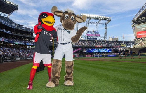 Rudy the Redhawk posing with Mariners Moose at T Mobile Park