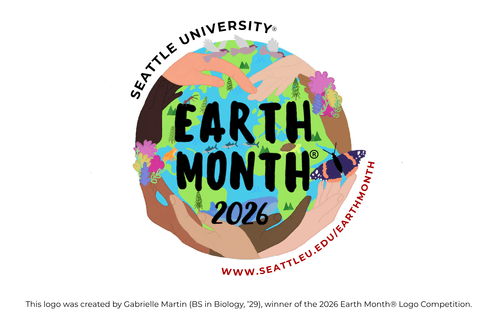 Colorful globe with animals and human hands wrapped around it. Seattle University Earth Month 2026. This logo was created by Gabrielle Martin (BS in Biology, ’29), winner of the 2026 Earth Month® Logo Competition.
