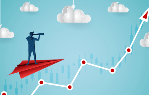 A cartoon of a person looking through binoculars on a paper airplane over a line graph
