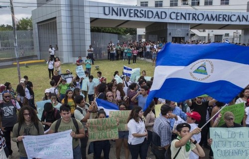 Students protest in front of the UCA in Managua, Nicaragua, in 2018.