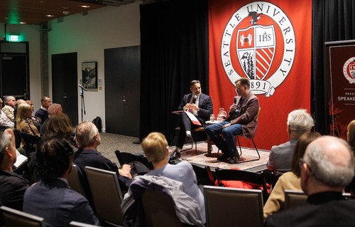 President Eduardo Peñalver with Keith Whittington, a professor at the Yale Law School. 