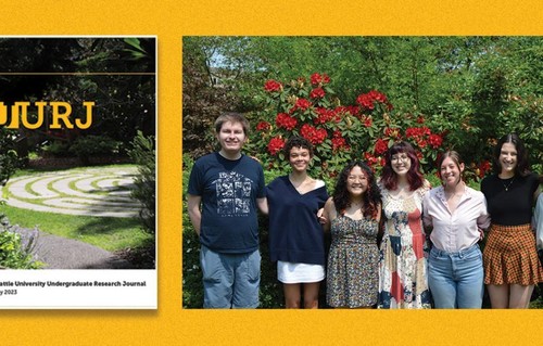 The cover of Volume 7 of the research journal and the student editors who worked on the issue: (l-r) Tripp Ceyssens, Olivia Moretta, Katrina Manacio, Riley Flanagan, Masami Carpenter, Olivia Merrick and Nicole Beauvais (Not pictured: Emelia Vonada).